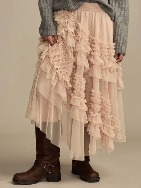 Mesh Ruffle Midi Skirt